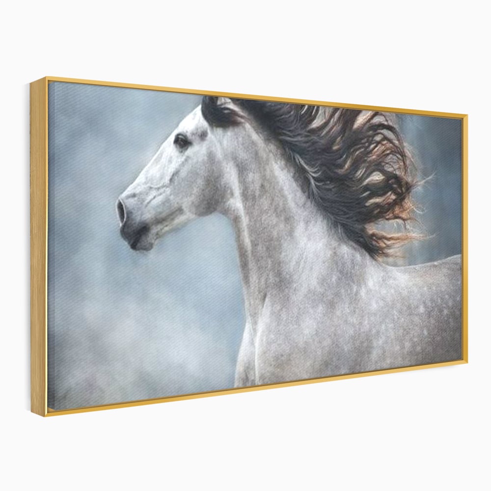 Tablou canvas cu tablou canvas cu armasar in miscare, in rama de aluminiu auriu